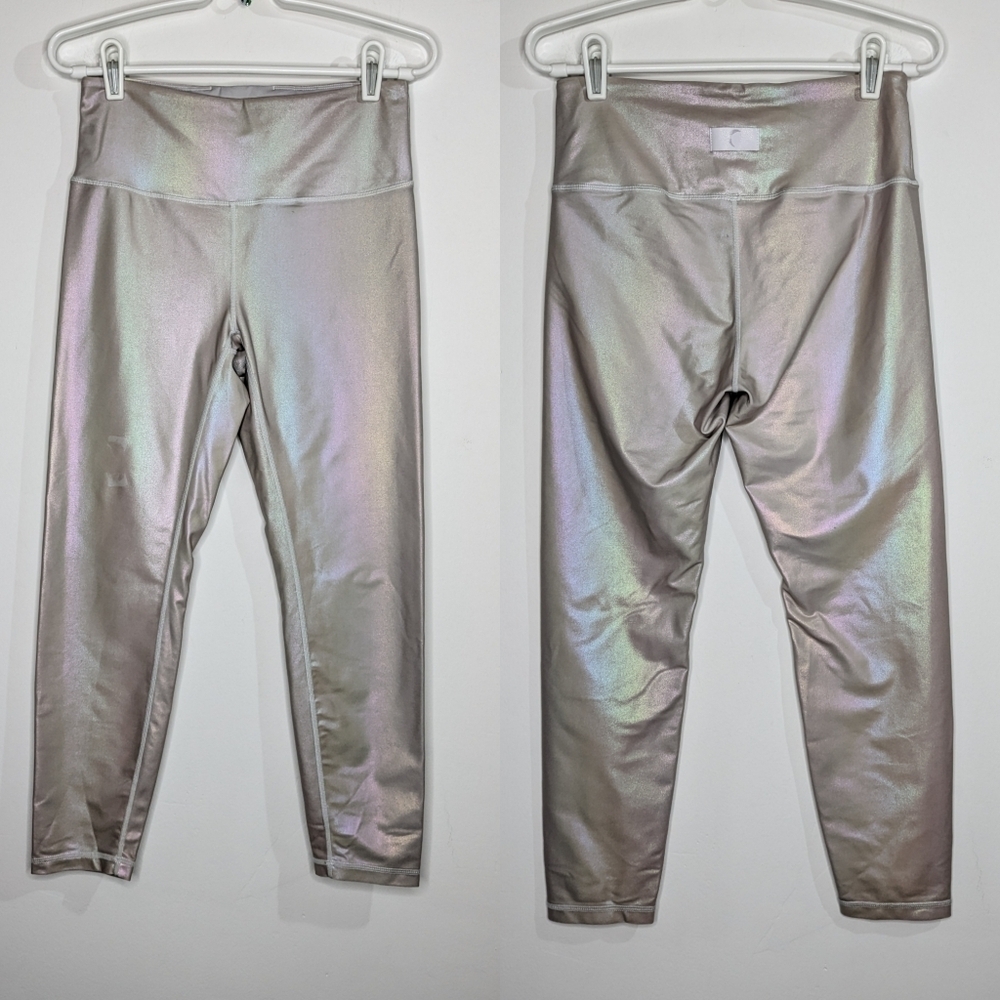 ✨3/$15 Zyia Active silver iridescent rainbow exercise workout leggings 8/10
